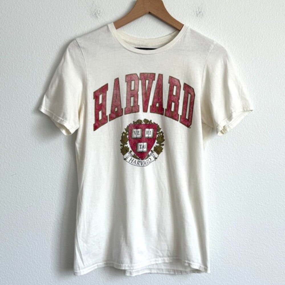 Harvard University Crest Graphic T-Shirt S Ivory‎ Retro Preppy Block Letter Tee
